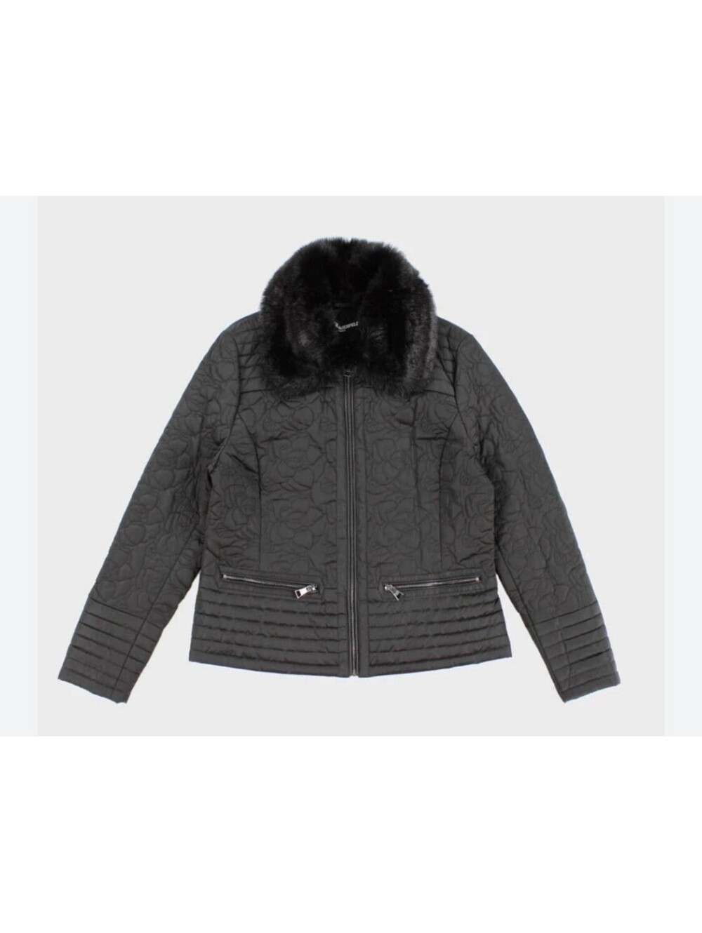 Karl Lagerfeld Paris Quilted Faux Fur Jacket Large Black Floral Water Resistant
